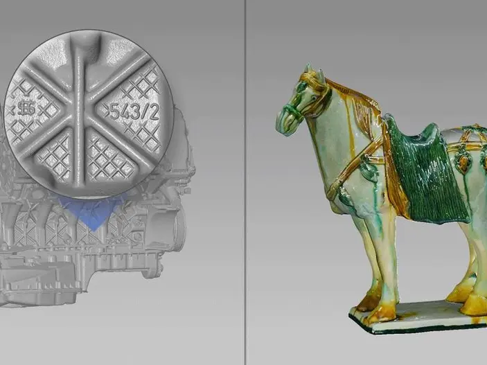 Zwei Objekte sind zu sehen, die mit einem 3D Scanner eingescannt wurden: Ein Deckel und ein Porzellan Pferd