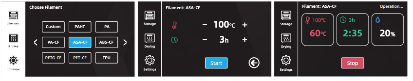 Flashforge-drying-station-display-menu